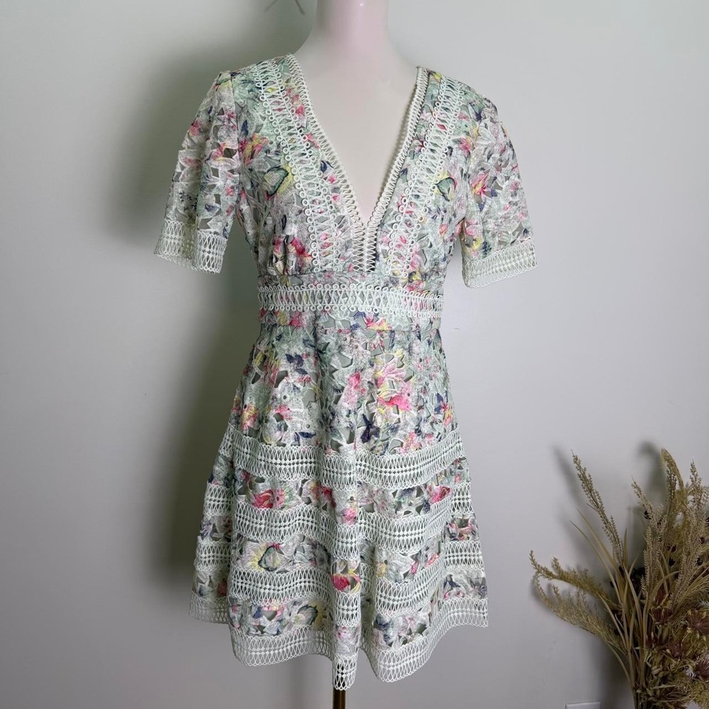Just Me Size M Sage Floral Cutout Lace Mini Dress